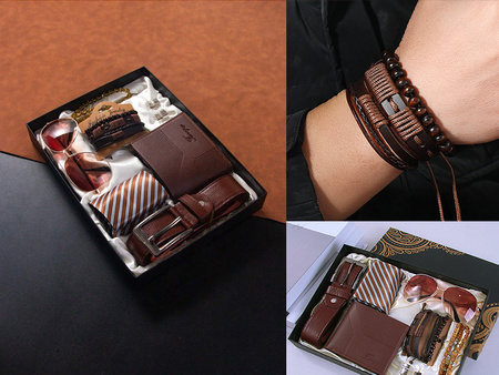 DÁRKOVÁ SADA PÁNSKÉ PENĚŽENKY, HNĚDÉHO OPASKU, BRÝLÍ, NÁRAMKŮ, KRAVATY, VÁNOČNÍ DÁREK