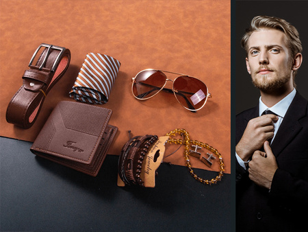 DÁRKOVÁ SADA PÁNSKÉ PENĚŽENKY, HNĚDÉHO OPASKU, BRÝLÍ, NÁRAMKŮ, KRAVATY, VÁNOČNÍ DÁREK